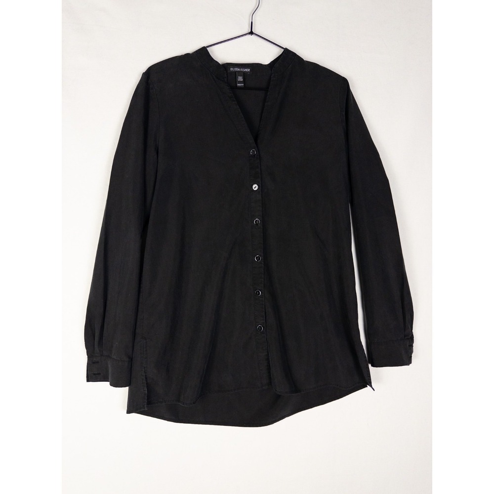 Eileen Fisher Shirt Womens XXS Black Button Up Non Collared Tencel Solid